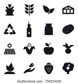 16 vector icon set : flower, greenhouse, field, corn, apple, beet, sprouting, hand leaf, strawberry, garden