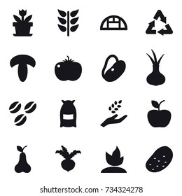 16 vector icon set : flower, greenhouse, coffee seeds, flour, harvest, apple, pear, beet, sprouting, potato