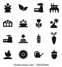 16 vector icon set : flower, factory, greenhouse, flower bed, island, sprouting, watering can, acorn