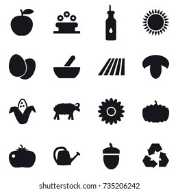 16 vector icon set : flower bed, mortar, field, mushroom, corn, sheep, flower, pumpkin, tomato, watering can, acorn, recycling
