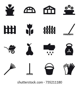 16 vector icon set : flower, greenhouse, flower bed, fence, rake, wheelbarrow, pear, sow, fertilizer, bucket, gloves