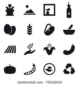 16 vector icon set : flower, landscape, flower in window, mortar, field, harvest, corn, eggplant, pumpkin, peas, ecology, recycling