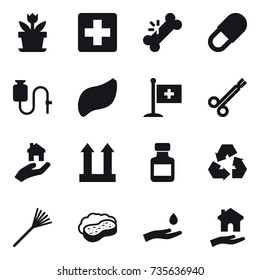16 vector icon set : flower, real estate, pills bottle, recycling, rake, sponge with foam, hand and drop, housing