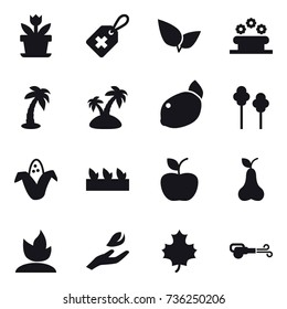 16 vector icon set : flower, flower bed, palm, island, trees, corn, seedling, apple, pear, sprouting, hand leaf, maple leaf, blower
