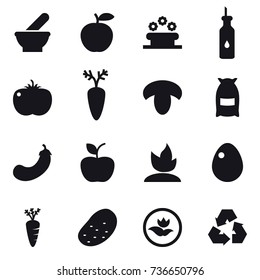 16 vector icon set : flower bed, mushroom, flour, eggplant, apple, sprouting, egg, carrot, potato, ecology, recycling