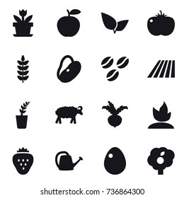 16 vector icon set : flower, coffee seeds, field, seedling, sheep, beet, sprouting, strawberry, watering can, egg, garden