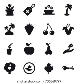 16 vector icon set : flower, flower bed, palm, island, berry, cherry, corn, seedling, apple, pear, hand leaf, garden, ecology, maple leaf, blower