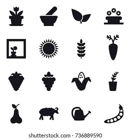 16 vector icon set : flower, flower bed, flower in window, berry, grape, corn, seedling, pear, sheep, watering can, peas