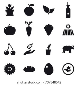 16 vector icon set : flower, berry, field, cherry, harvest, seedling, sheep, bread, egg, ecology