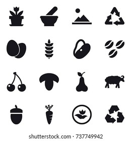 16 vector icon set : flower, landscape, coffee seeds, cherry, mushroom, pear, sheep, acorn, carrot, ecology, recycling