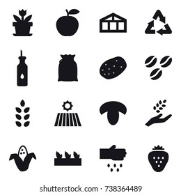 16 vector icon set : flower, greenhouse, coffee seeds, spikelets, field, mushroom, harvest, corn, seedling, sow, strawberry