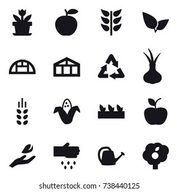 16 vector icon set : flower, greenhouse, spikelets, corn, seedling, apple, hand leaf, sow, watering can, garden