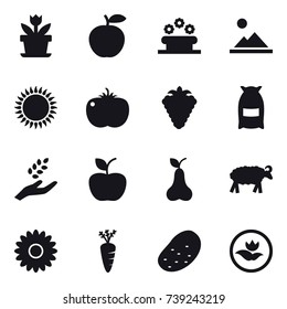 16 vector icon set : flower, flower bed, landscape, berry, flour, harvest, apple, pear, sheep, carrot, potato, ecology