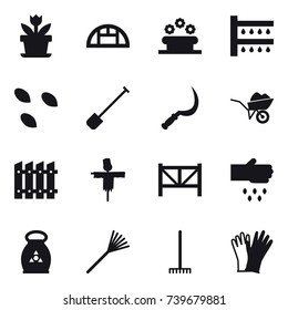 16 vector icon set : flower, greenhouse, flower bed, watering, seeds, shovel, sickle, wheelbarrow, fence, scarecrow, farm fence, sow, fertilizer, rake, gloves