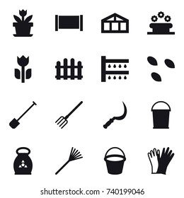 16 vector icon set : flower, fence, greenhouse, flower bed, watering, seeds, shovel, fork, sickle, bucket, fertilizer, rake, gloves
