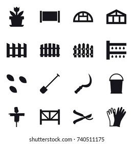 16 vector icon set : flower, fence, greenhouse, watering, seeds, shovel, sickle, bucket, scarecrow, farm fence, pruner, gloves