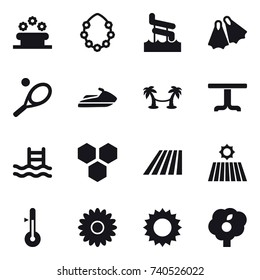 16 vector icon set : flower bed, hawaiian wreath, aquapark, flippers, tennis, jet ski, palm hammock, table, pool, honeycombs, field, thermometer, flower, sun, garden