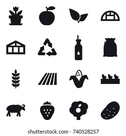 16 vector icon set : flower, greenhouse, field, corn, seedling, sheep, strawberry, garden, potato