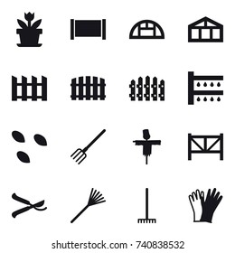 16 vector icon set : flower, fence, greenhouse, watering, seeds, fork, scarecrow, farm fence, pruner, rake, gloves