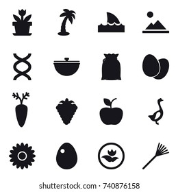 16 vector icon set : flower, palm, shark flipper, landscape, cauldron, berry, apple, goose, egg, ecology, rake