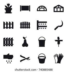 16 vector icon set : flower, fence, greenhouse, watering, sickle, pear, bucket, scarecrow, sow, pruner, gloves