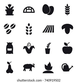 16 vector icon set : flower, greenhouse, coffee seeds, spikelets, field, mushroom, flour, corn, seedling, apple, pear, sheep, sprouting, watering can