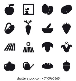 16 vector icon set : flower in window, mortar, berry, field, mushroom, corn, tomato, watering can, bread, acorn
