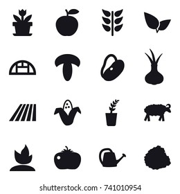 16 vector icon set : flower, greenhouse, field, corn, seedling, sheep, sprouting, tomato, watering can, pile of garbage