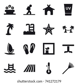 16 vector icon set : flower bed, tourist, bungalow, uv cream, palm, pool, starfish, palm hammock, windsurfing, flip-flops, flower in window, table, field, thermometer, rake