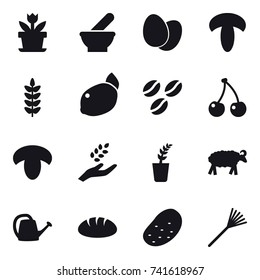 16 vector icon set : flower, coffee seeds, cherry, mushroom, harvest, seedling, sheep, watering can, bread, potato, rake