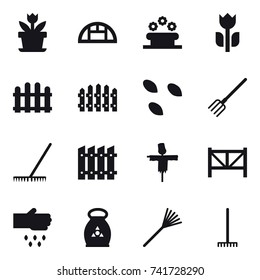 16 vector icon set : flower, greenhouse, flower bed, fence, seeds, fork, rake, scarecrow, farm fence, sow, fertilizer