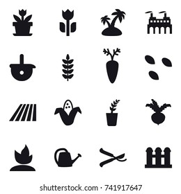 16 vector icon set : flower, island, seeds, field, corn, seedling, beet, sprouting, watering can, pruner, grain elevator