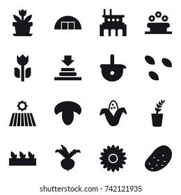 16 vector icon set : flower, hangar, factory, flower bed, seeds, field, mushroom, corn, seedling, beet, potato