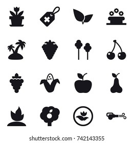 16 vector icon set : flower, flower bed, island, berry, trees, cherry, grape, corn, apple, pear, sprouting, garden, ecology, blower
