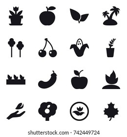 16 vector icon set : flower, island, trees, cherry, corn, seedling, eggplant, apple, sprouting, hand leaf, garden, ecology, maple leaf