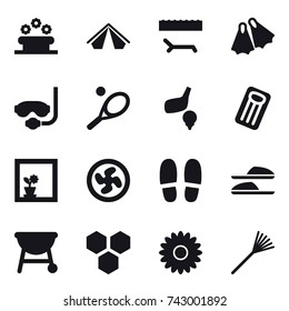 16 vector icon set : flower bed, tent, lounger, flippers, diving mask, tennis, golf, inflatable mattress, flower in window, cooler fan, slippers, honeycombs, flower, rake