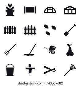 16 vector icon set : flower, fence, greenhouse, seeds, shovel, fork, rake, wheelbarrow, pear, bucket, scarecrow, pruner