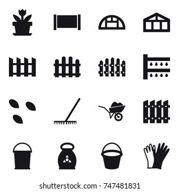 16 vector icon set : flower, fence, greenhouse, watering, seeds, rake, wheelbarrow, bucket, fertilizer, gloves