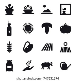 16 vector icon set : flower, flower bed, landscape, flower in window, field, flour, harvest, sheep, watering can