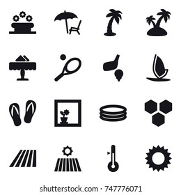 16 vector icon set : flower bed, lounger, palm, island, restaurant, tennis, golf, windsurfing, flip-flops, flower in window, inflatable pool, honeycombs, field, thermometer, sun