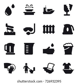 16 vector icon set : fountain, aquapark, diving mask, radiator, kettle, measuring cup, hand drop, foam bucket, wiping, toilet cleaning, floor washing, handle washing