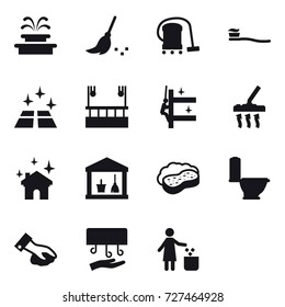 16 vector icon set : fountain, broom, vacuum cleaner, tooth brush, clean floor, skyscapers cleaning, skyscrapers cleaning, house cleaning, utility room, sponge with foam, toilet, wiping, hand dryer