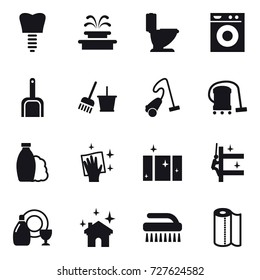 16 vector icon set : fountain, toilet, washing machine, scoop, bucket and broom, vacuum cleaner, shampoo, wiping, clean  window, skyscrapers cleaning, dish cleanser, house cleaning, brush