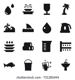 16 vector icon set : fountain, palm, surfer, shark flipper, drop, kettle, plate washing, measuring cup, watering, fish, bucket, wiping, water tap sink