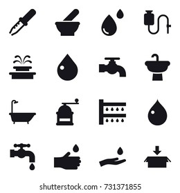 16 vector icon set : fountain, drop, water tap, bath, hand mill, watering, hand drop, hand and drop, package