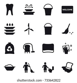 16 vector icon set : fountain, bucket, welcome mat, plate washing, windmill, broom, garbage bag, vacuum cleaner, sponge, wiping, foam basin, brooming, toilet cleaning, floor washing