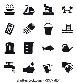 16 vector icon set : fountain, sail boat, aquapark, palm hammock, inflatable mattress, jellyfish, bucket, pool, kettle, measuring cup, fish, watering can, water tap, hand drop, wiping