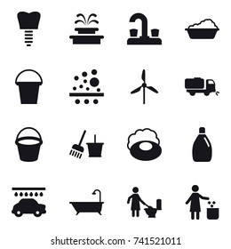 16 vector icon set : fountain, water tap, washing, bucket, windmill, sweeper, bucket and broom, soap, cleanser, car wash, bath, toilet cleaning, garbage bin