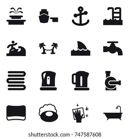 16 vector icon set : fountain, pool, surfer, palm hammock, shark flipper, water tap, towels, kettle, water pump, sponge, soap, wiping, bath