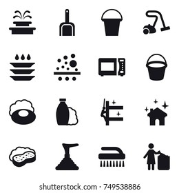16 vector icon set : fountain, scoop, bucket, vacuum cleaner, plate washing, soap, shampoo, skyscrapers cleaning, house cleaning, sponge with foam, plunger, brush, garbage bin
